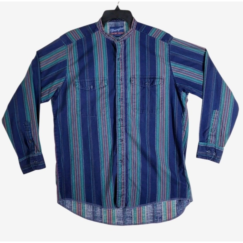 Wrangler Shirt Brushpopper Banded Collar X-Long Men L 16.5-34 Colorful Striped